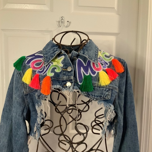 Music Embroidered Denim Tassel Multicolor Crop Jean Jacket Plus Size 3X - Picture 2 of 11